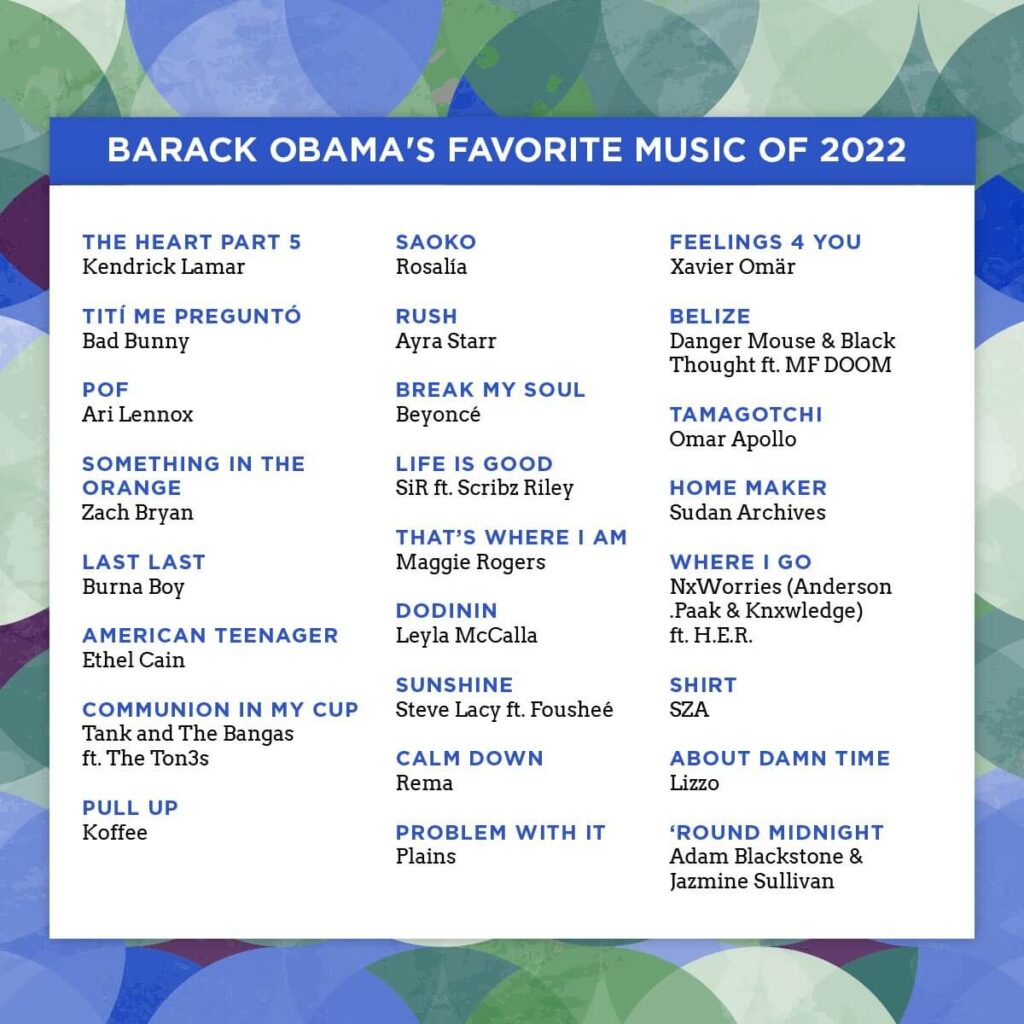 President Barack Obama’s favorite music of 2022