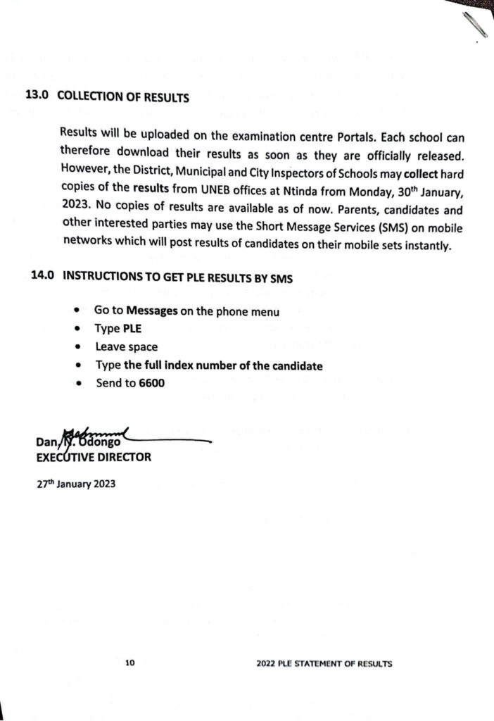 SMS code for UNEB P7 results