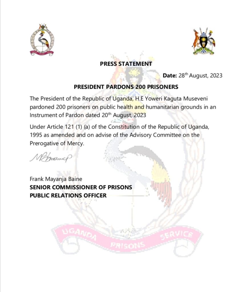 Museveni said in his pardon letter to prisons