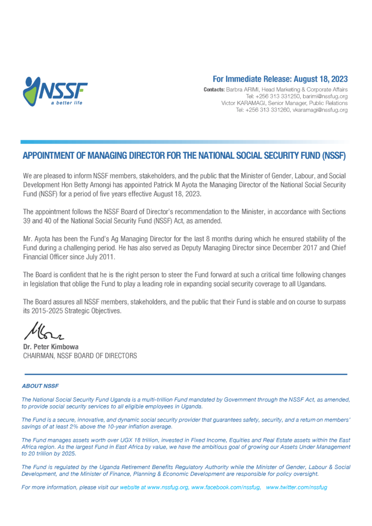 New Managing Director Appointed to National Social Security Fund NSSF