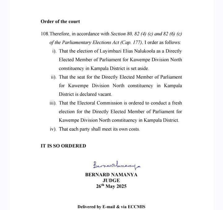 High Court orders fresh poll in Kawempe North as MP’s election is overturned.